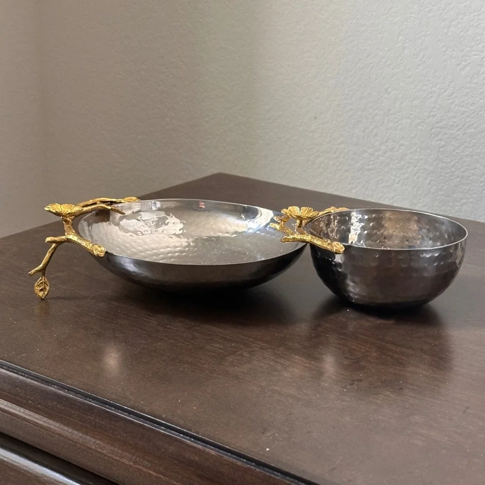 Hammered Metal Chip and Dip Serving Bowl Set Gold Floral Branch Accent India